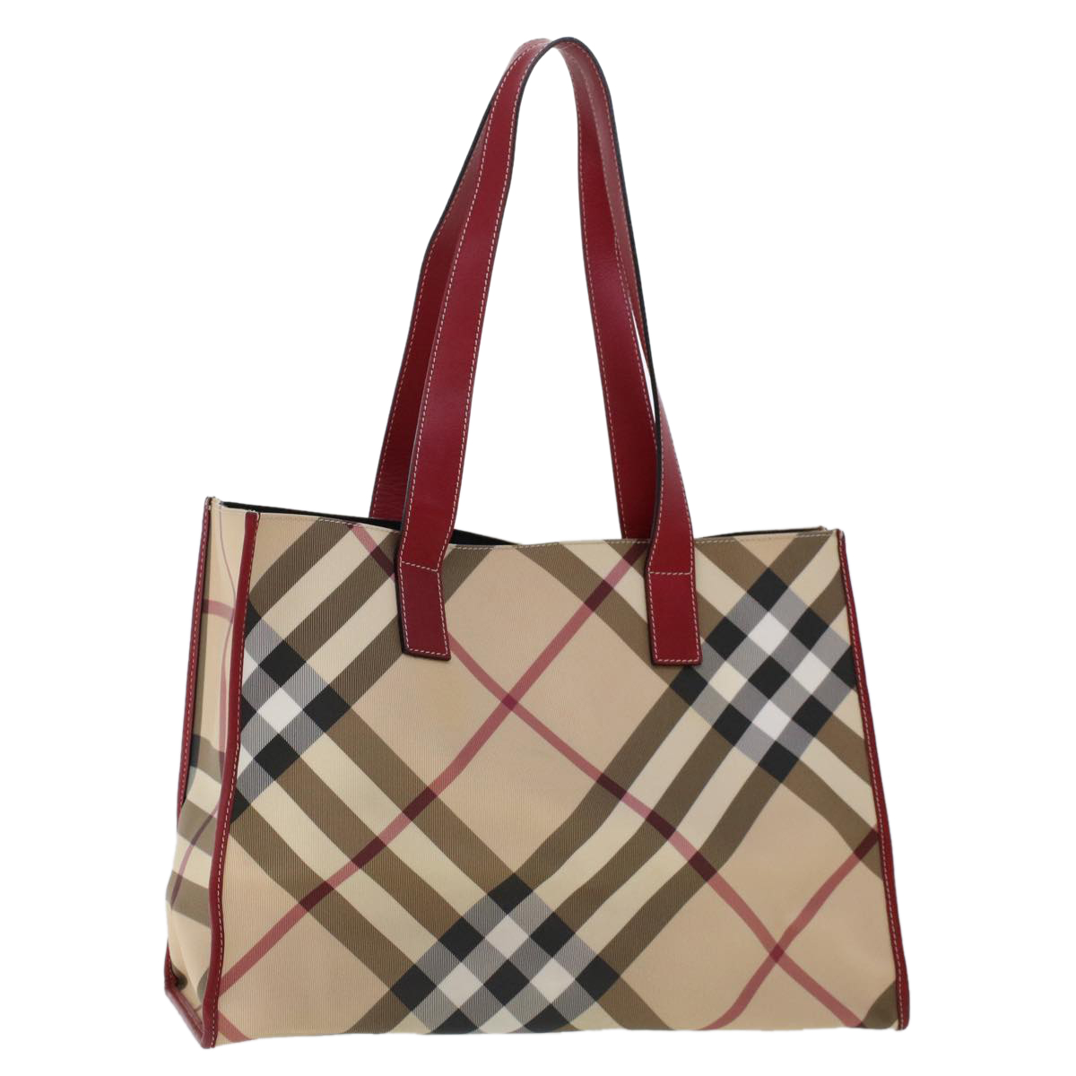 Burberry Nova Check Tote Bag Pvc Leather Brown Red Auth Hk746